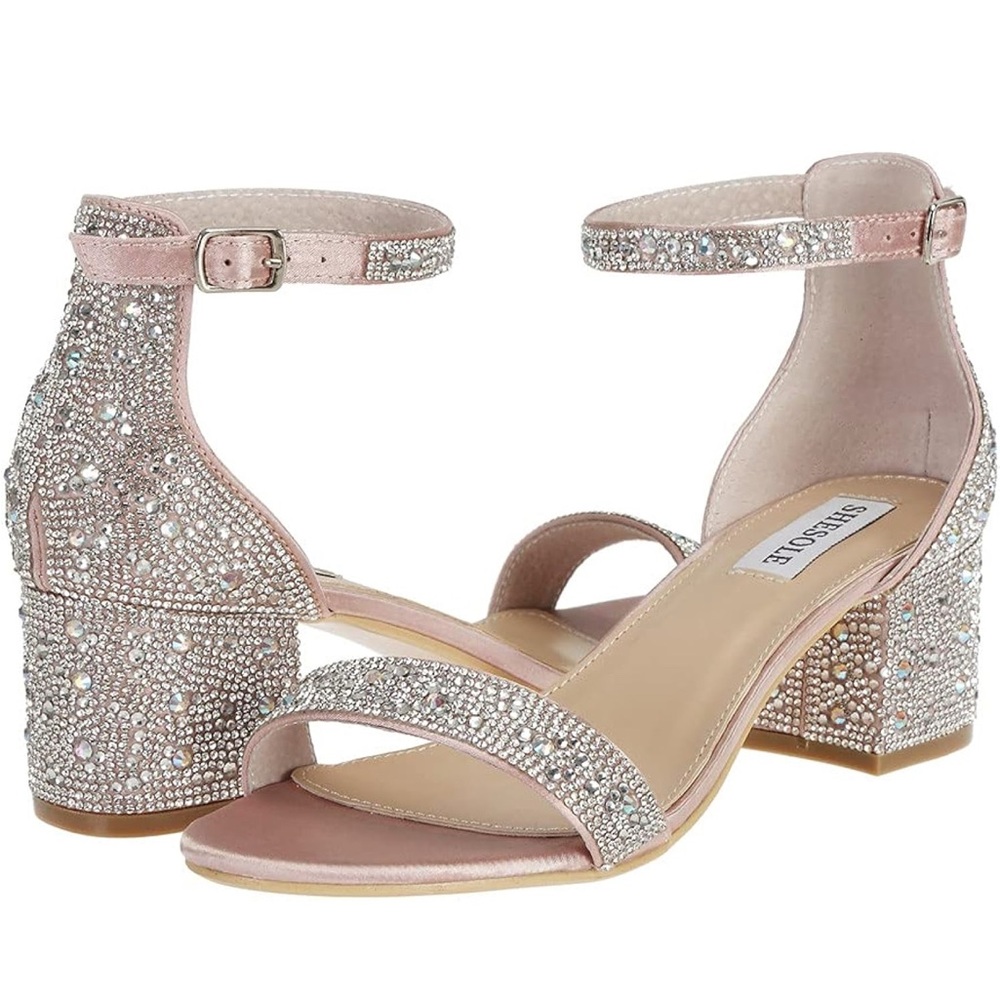 SheSole Open Toe Strappy Low Block Heel Bling Rhinestone Sandals